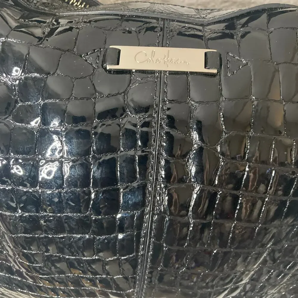 Cole Haan Hobo Bag Womens Black Patent Leather Croc Embossed Y2K Shoulder Purse